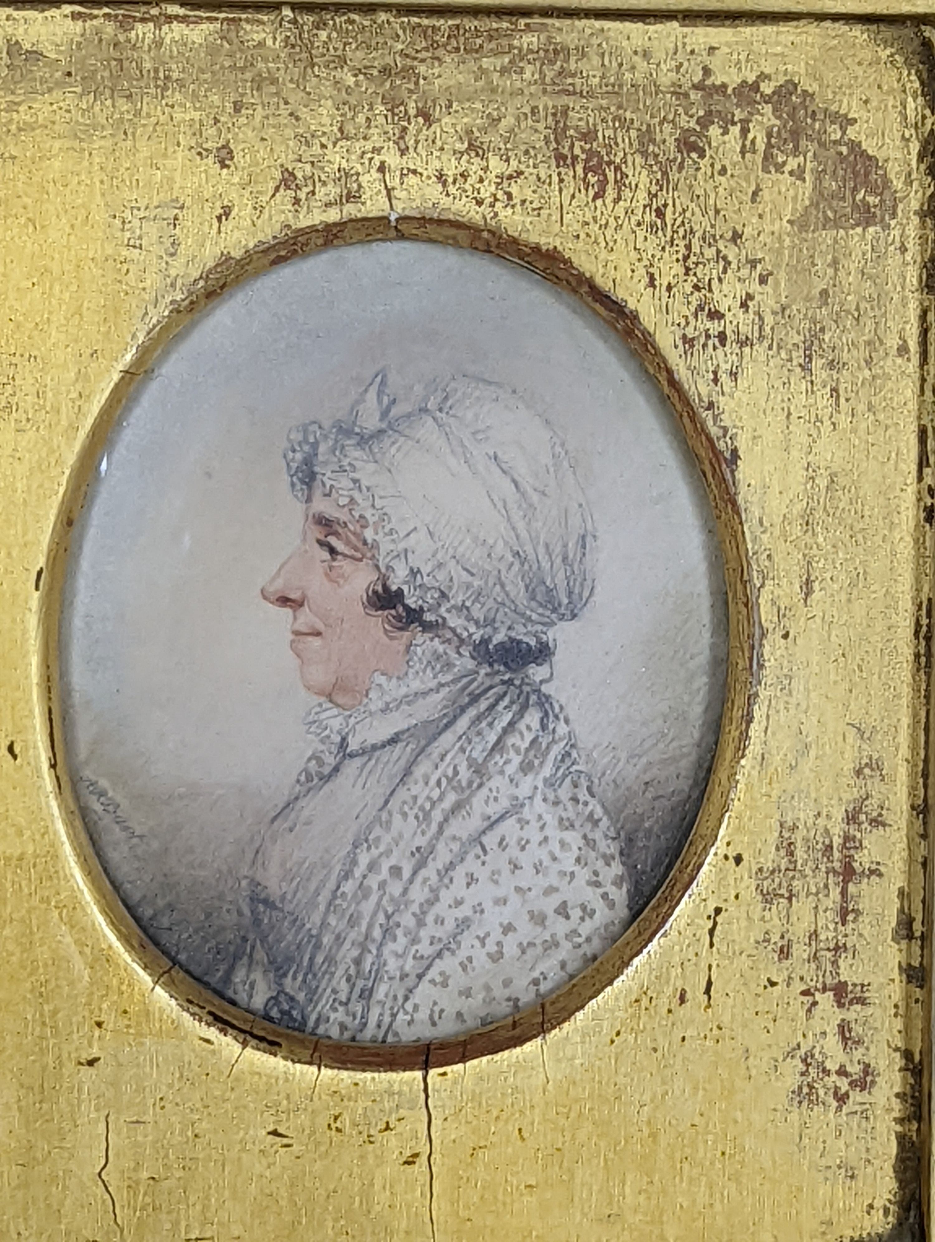 Albin Roberts Burt (1784-1842), pair of watercolour on paper miniatures, Portraits of a lady and gentleman, both signed, 6.5 x 5.5cm and an oil on ivory miniature